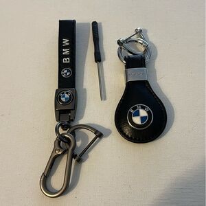 BMW Logo Key Fob Keychain in Black Leather Set of 2 NWT
